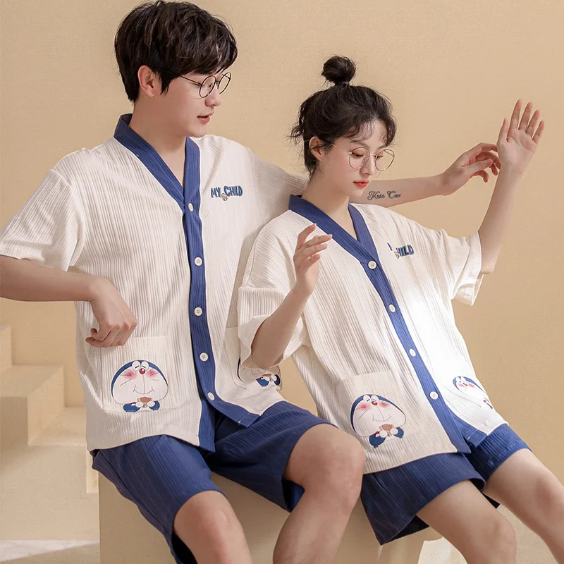 Summer thin men's and women's sleepwear cotton short sleeved shorts cardigan set cartoon loose couple home clothes_voghion.com