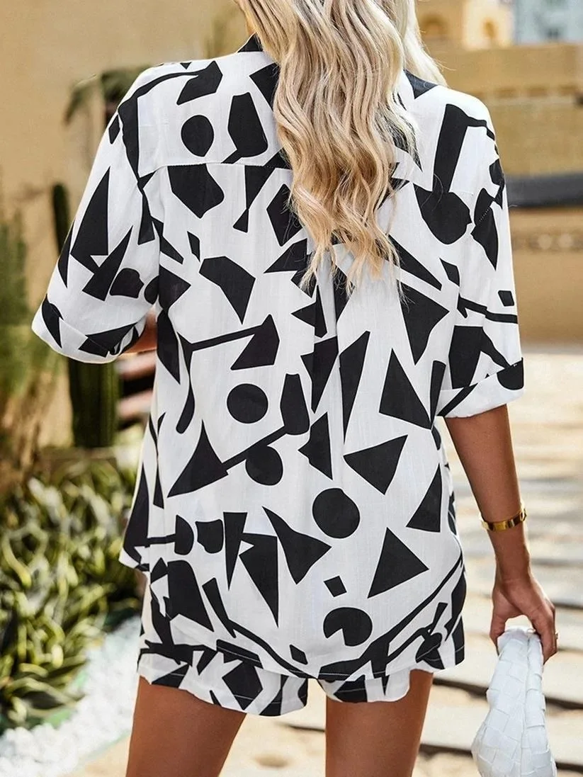 New Summer Elegant Women'S Print Set Clothing Loose Casual Shirt Shorts Two Piece Sets Womens Outifits For Women Free Shipping