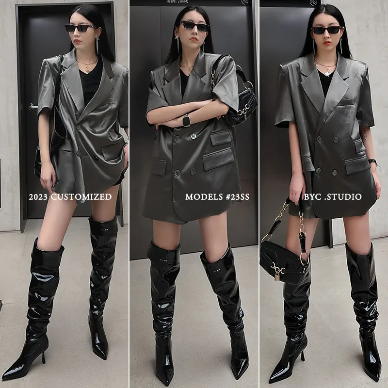 

MKKHOU Fashion Over Knee Boots WomenNew High Quality Lacquer Leather Pointed Wide Barrel Pleated High Heel Boots Modern Boots