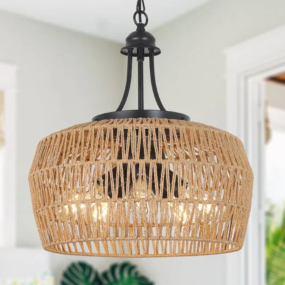 

Large farmhouse chandelier for dining room, 5 lamp rattan bohemian chandelier with wicker shade for living room kitchen