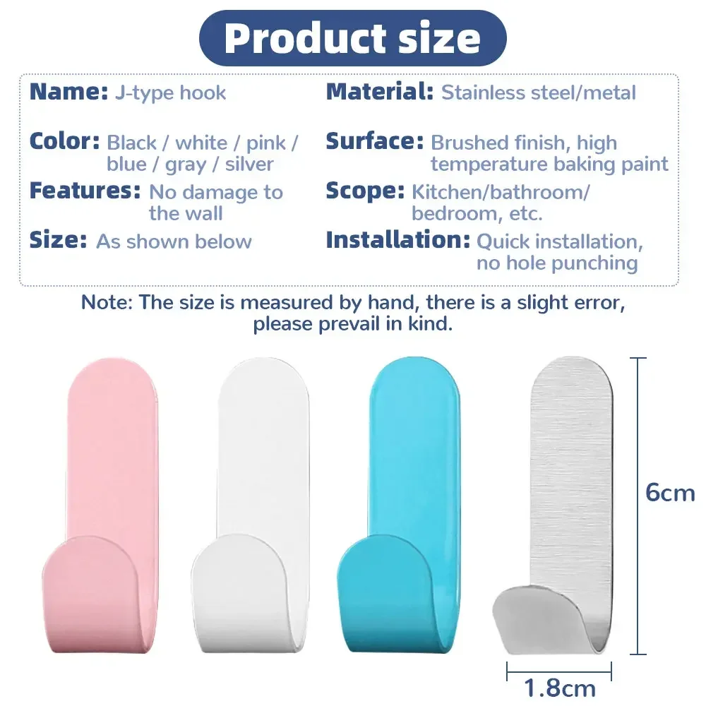 Description Picture 3 of item5Pcs J Hooks Iron Power Adhesive No Punch Hooks Wall Decor Household Clothes Hooks Bedroom Kitchen Tools Bathroom Accessories