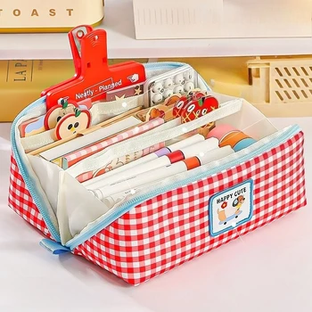 Nuovo Astuccio Kawaii a Quadretti con Grande Capacità, Organizzatore da Scrivania per Studenti, Portapenne Multistrato, Regalo per Bambini