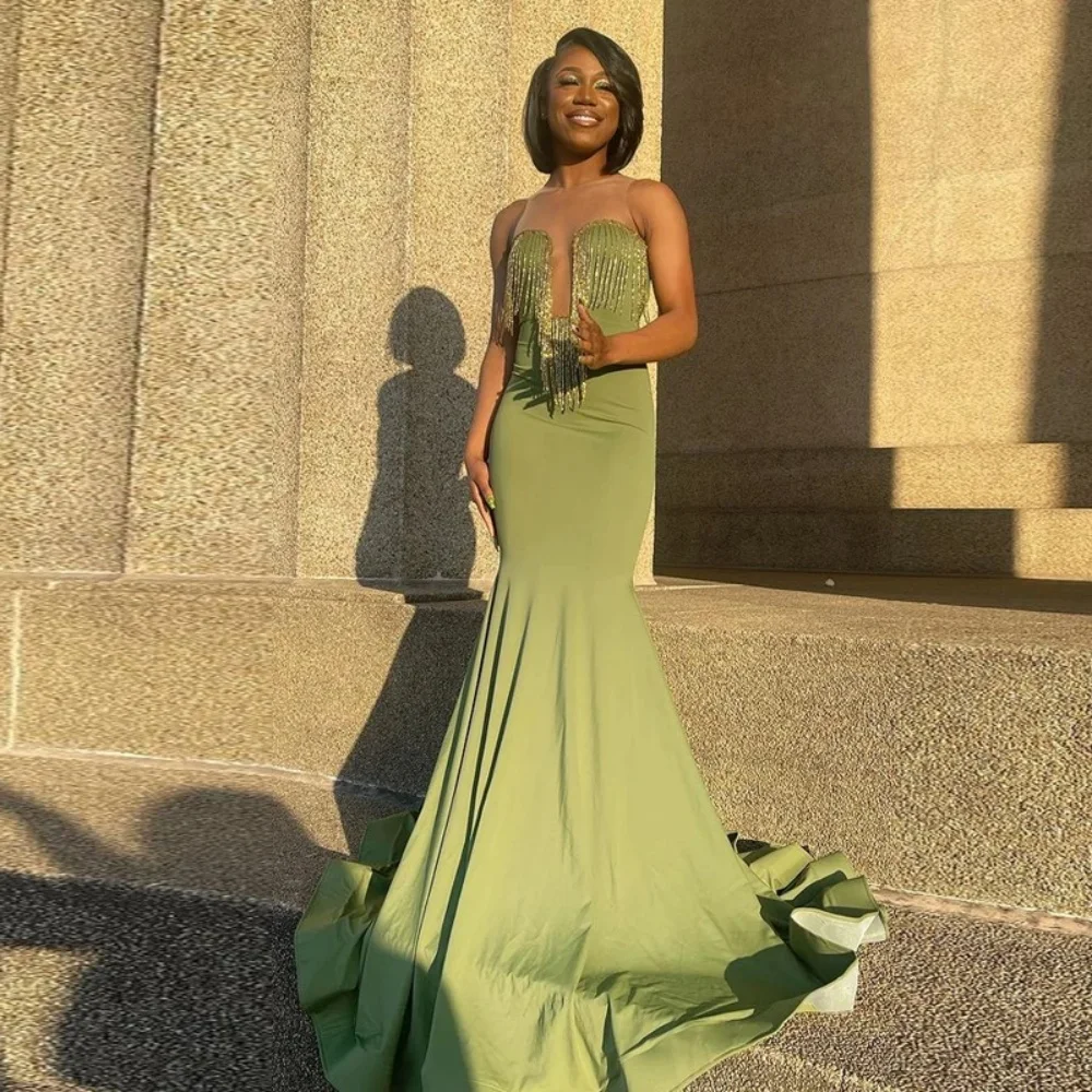 

Gorgeous Sheer O-Neck Fashion Evening Dress Tassel Satin Mermaid Sleeveless Prom Party Dress Light Green Custom Women Long dress