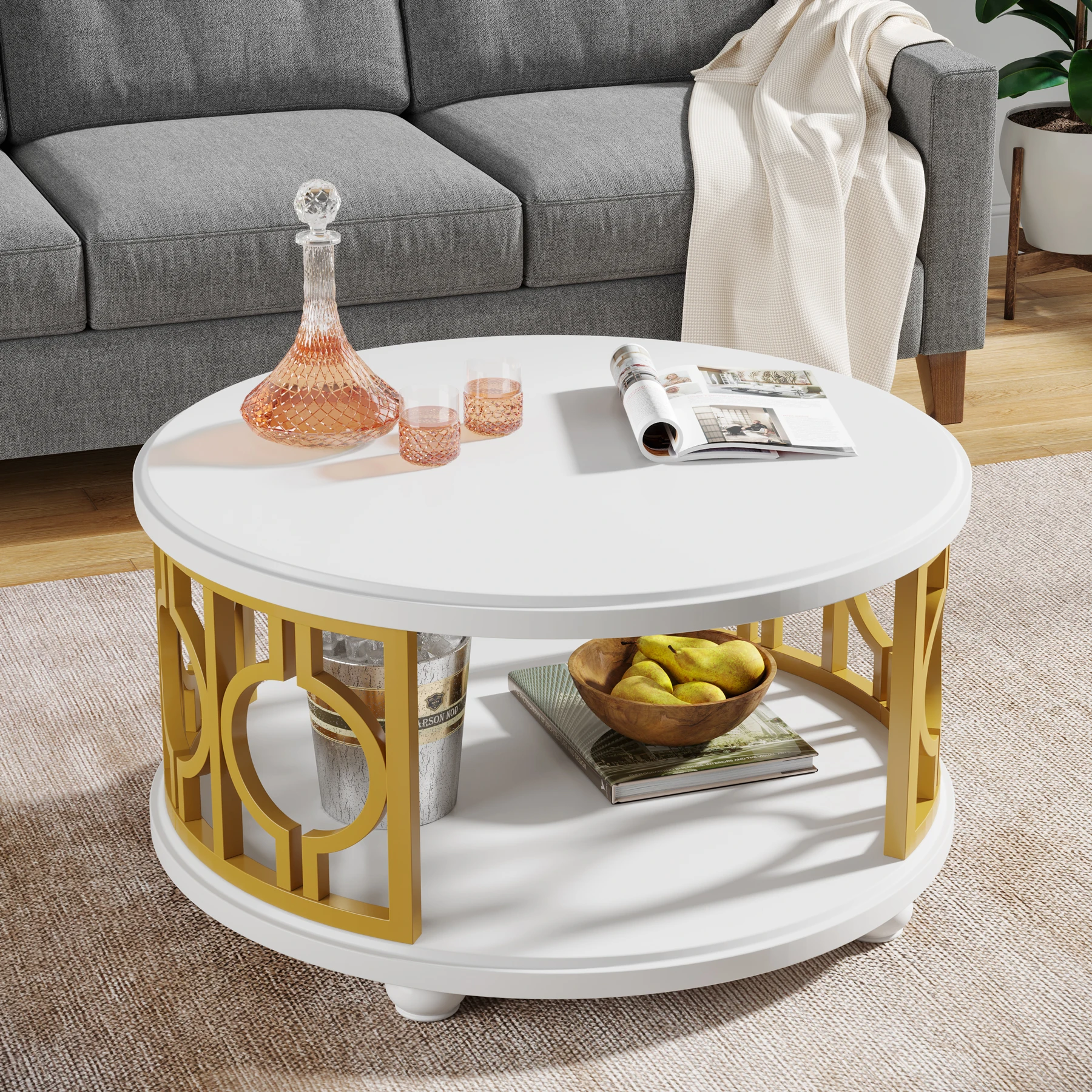 Tribesigns Round Coffee Table, 2-Tier Circle Coffee Table with Storage Shelf, Modern Center Table for Living Room & Office, Whit