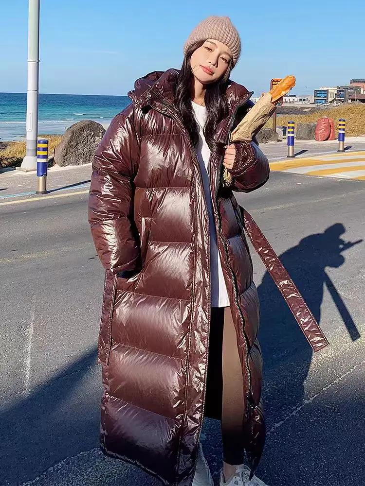 With Belt Women's Winter Down Jacket Long Puffer Coat White Duck Thick Warm Hooded Waterproof Down Jacket With Sashes Outwear 4