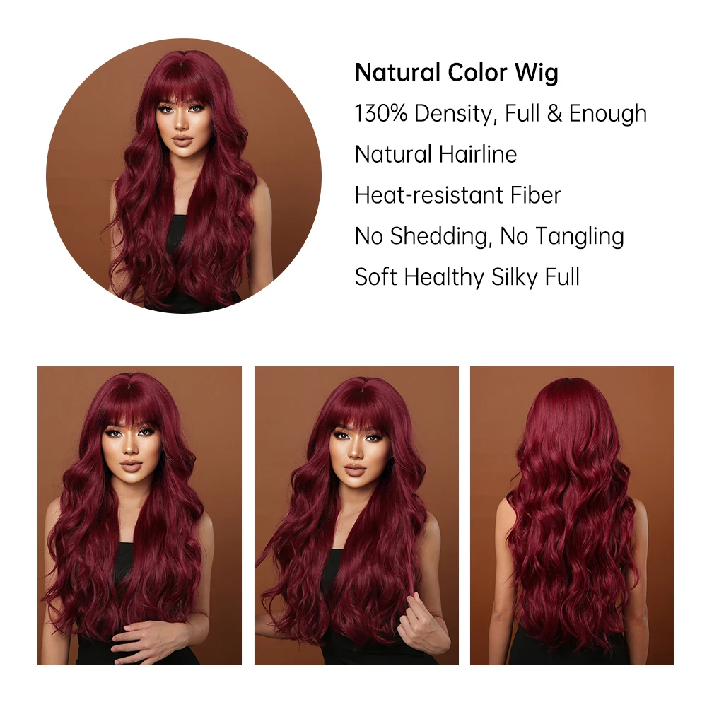 Wijnrode pruiken voor vrouwen Lange bordeauxrode golvende pruiken met pony Cosplay Party Dagelijkse pruik Synthetisch haar Hoge temperatuur pruik_voghion.com
