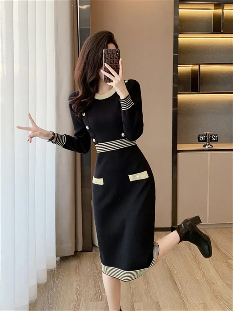 Vintage Black Knee Length Knitted Sweater Dress Women's New