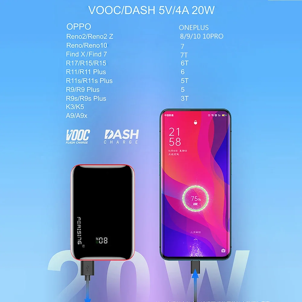 FERISING-Portable Power Bank, External Battery, Powerbank for Oneplus, iPhone, Xiaomi, VOOC Charger, 10000mAh, 20W, 22.5W 2