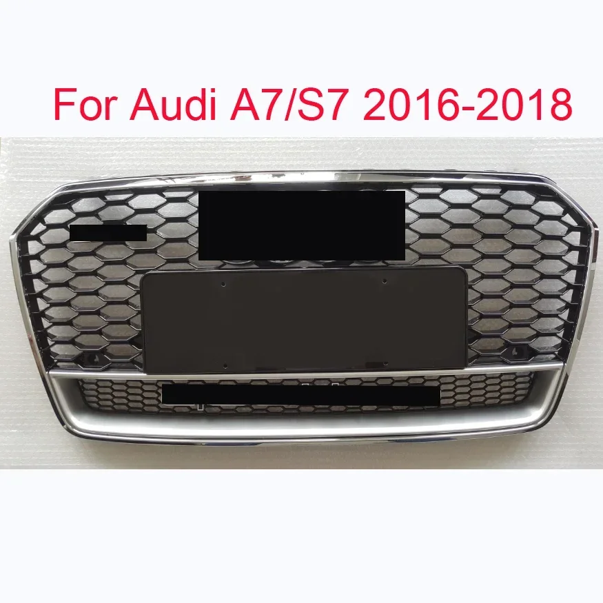 

For RS7 Style Front Sport Hex Mesh Honeycomb HoodGrill Chrome Frame Gloss Black For Audi A7/S7 2016-2018 Car Accessories