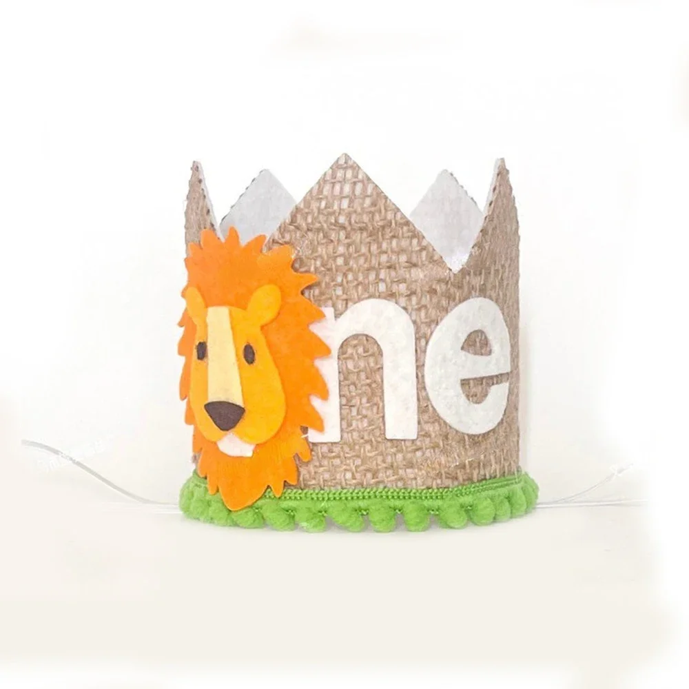 1Pcs First Kids Birthday Party Glitter Brown Bear Hat ONE Burlap Lion Birthday Crown Baby Shower Photoprops Party Decorations