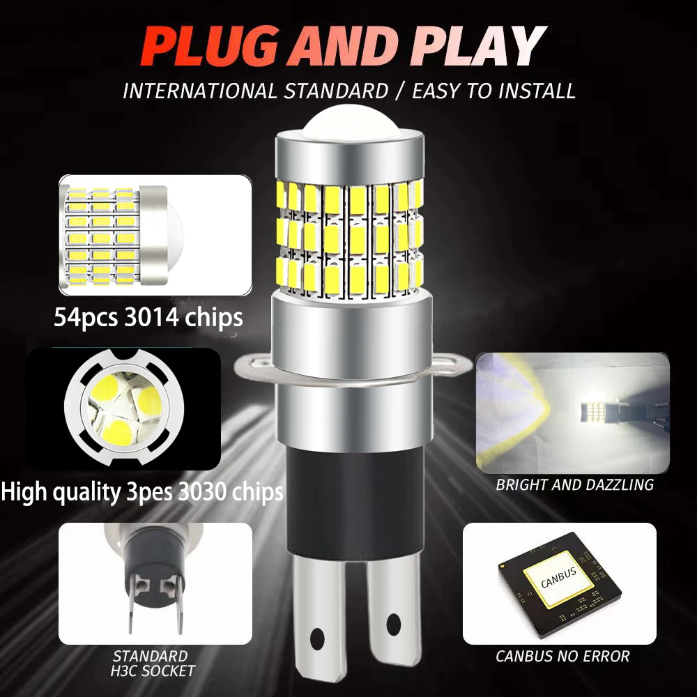 2PCS H3C 전구 LED 흰색 6000k 안개 전구 자동차 보조 조명, 주간 주행등 방수 강력한 12-24V.