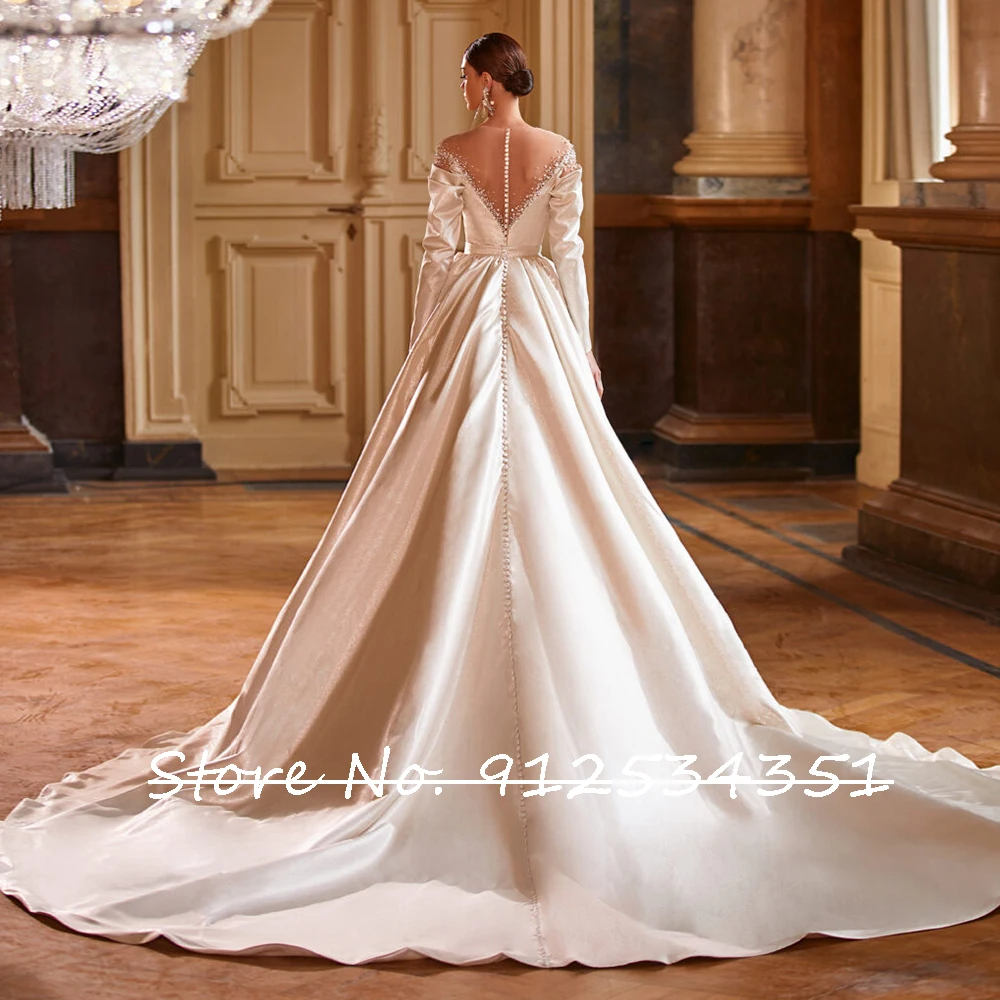 Hochzeitskleid Long Sleeve Satin Wedding Dress Beading Pearls SImple Vestido De Novia Button Back Modern Robe Mariage Bride Gown