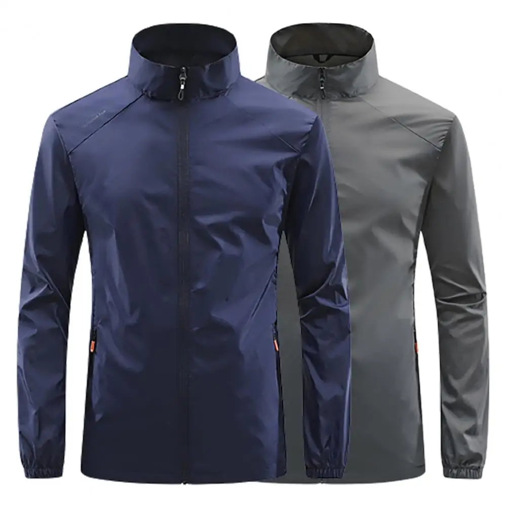 

Stand Collar Long Sleeve Men Coat Pockets Zipper Placket Solid Ultrathin Cycling Fishing Windbreaker Waterproof Coat Streetwear