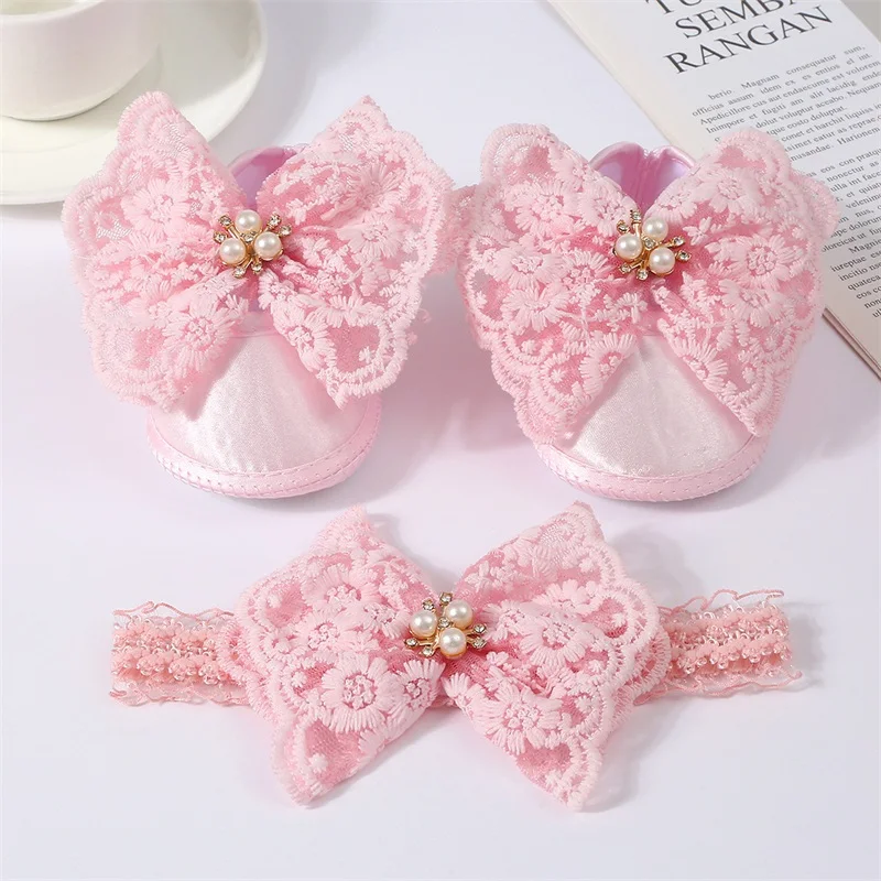 Newborn Baby Girl Crib Shoes Spring Summer Flats Infant Princess Lace Floral Bow First Walker with Headband for Baby Shower Gift