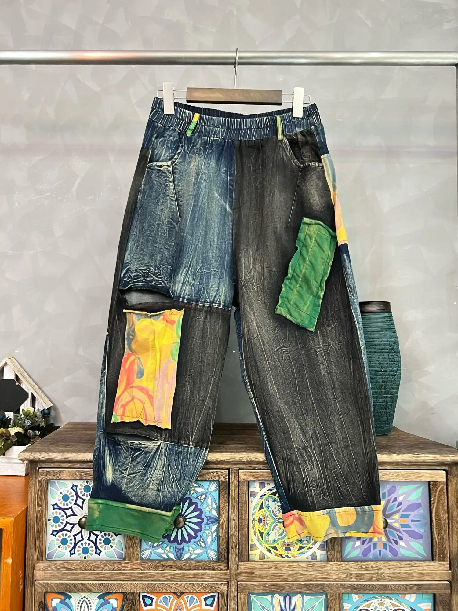 LYUZHE 2025 Summer New Women Sets Contrasting Colors Distressed Denim Sets Patchwork Hooded Vest Ankle-Length Pants Sets HLX060B 5