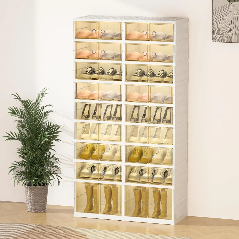 

Foldable Shoe Rack Organizer for Closet, 9-Tier 36 Pairs Folding Shoe Box Storage Cabinet with Clear Door, Plastic Collapsible