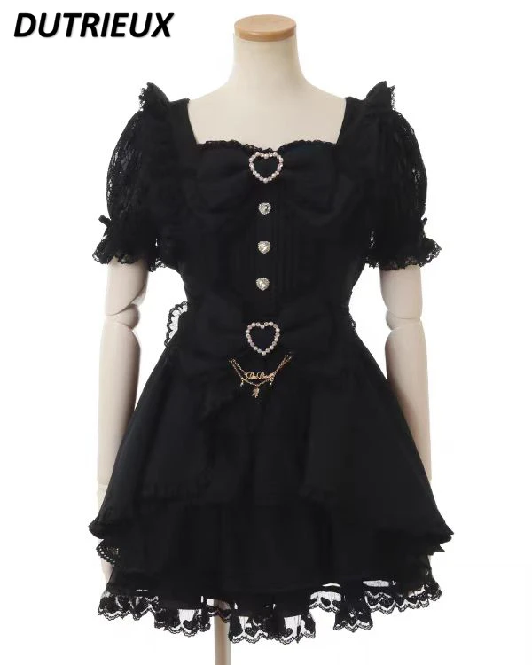 Japanese Cute Girl Mass-produced Square Neck Short-sleeved Slim-fit Dress Sweet Bow Lace Ruffle Edge Dresses and Base Skirt lolita dress lolita suspender dress lolita cosplay costumes suspender dress lolita skirt lolita blouses