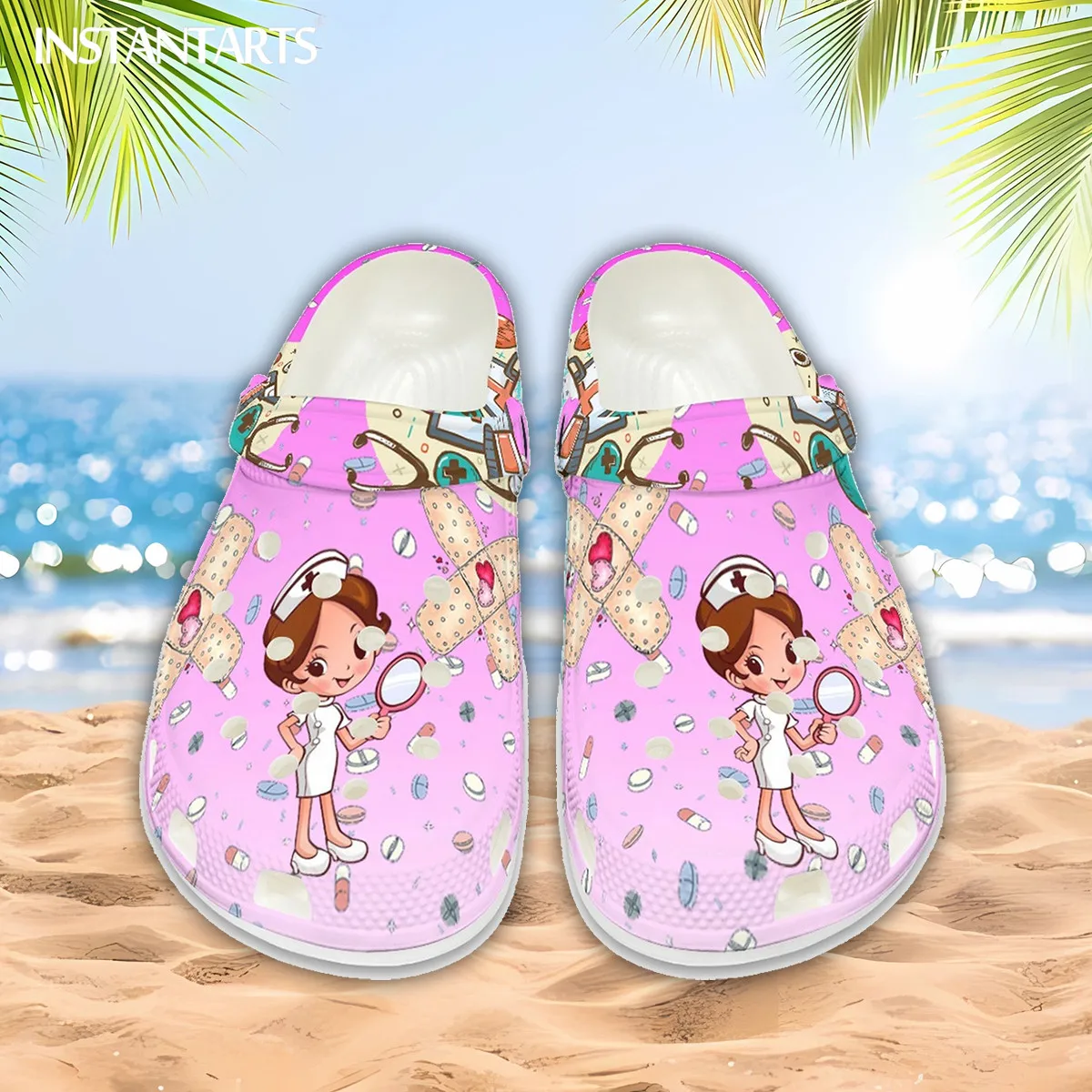 

INSTANTARTS Pink Gradient Nurse Flats for Women EVA Hole Shoes Medical Care Design Female Slippers Indoor Non Slip zapatos mujer