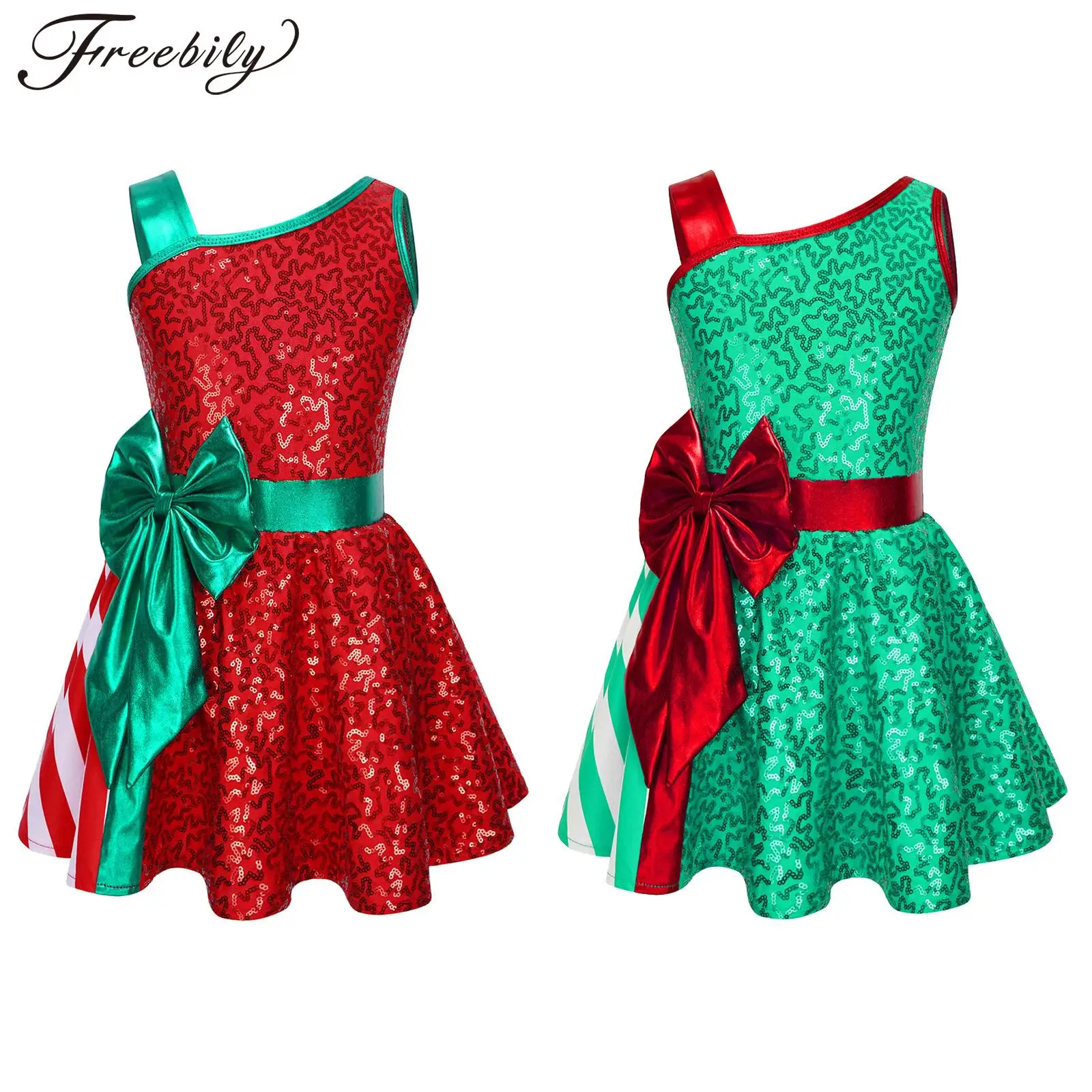 

Kids Girls Shiny Sequin Christmas Dance Dress Asymmetrical Shoulder Tutu Dres Ballet Danccewear Figure Skating Dress