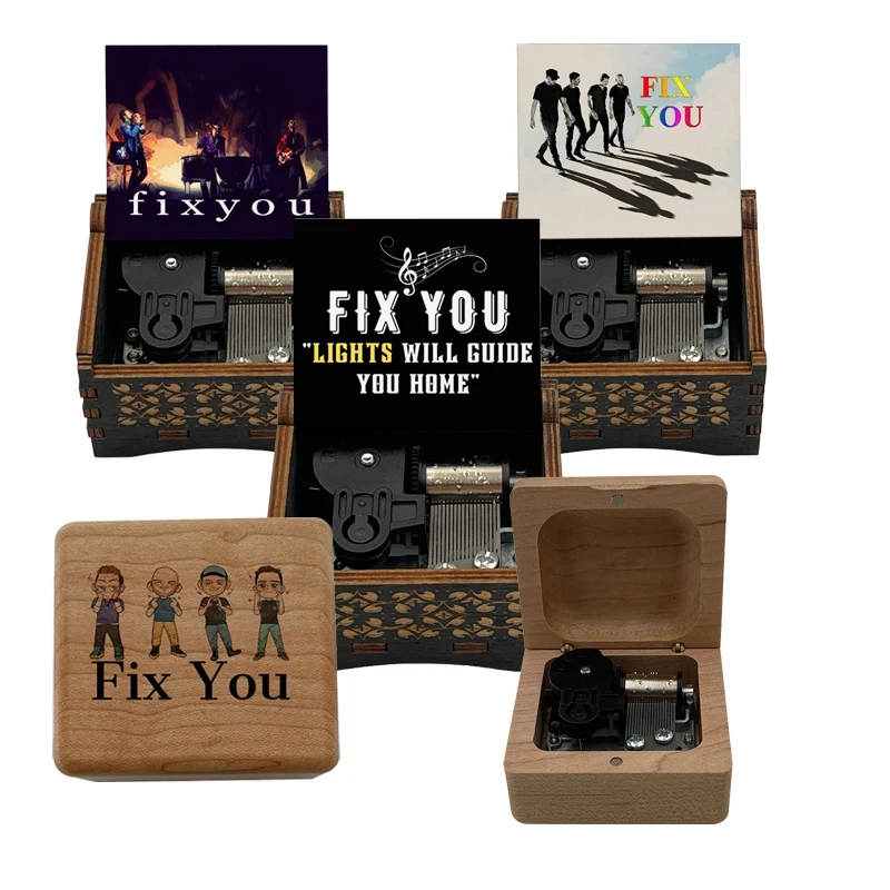 Music Box Fix You 18 Note Wind Up Mechanical Wooden for Band Fans Friends Birthday Home Office Christmas, music box