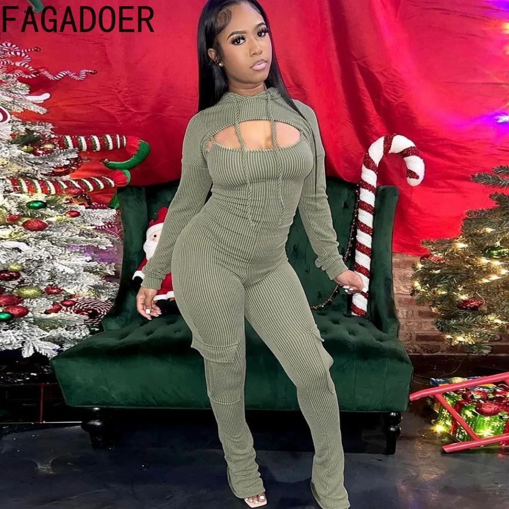 FAGADOER Casual Solid Ribber Cargo Pants Jumpsuits Two Piece Sets Women Hooded Long Sleeve Crop Top And Playsuits Sporty Outfits