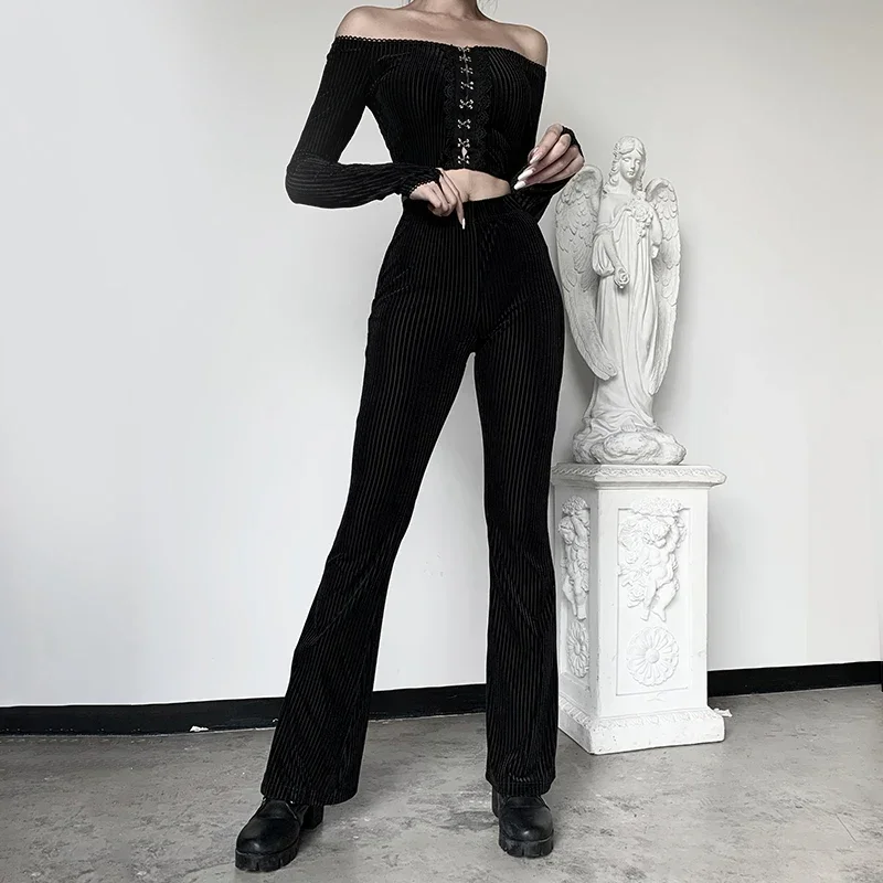 

2023 Spring Women High Waist Black Leg Pants Goth Female Velvet Stripe Skinny Streetwear Dark Gothic Vintage Elasticity Trousers