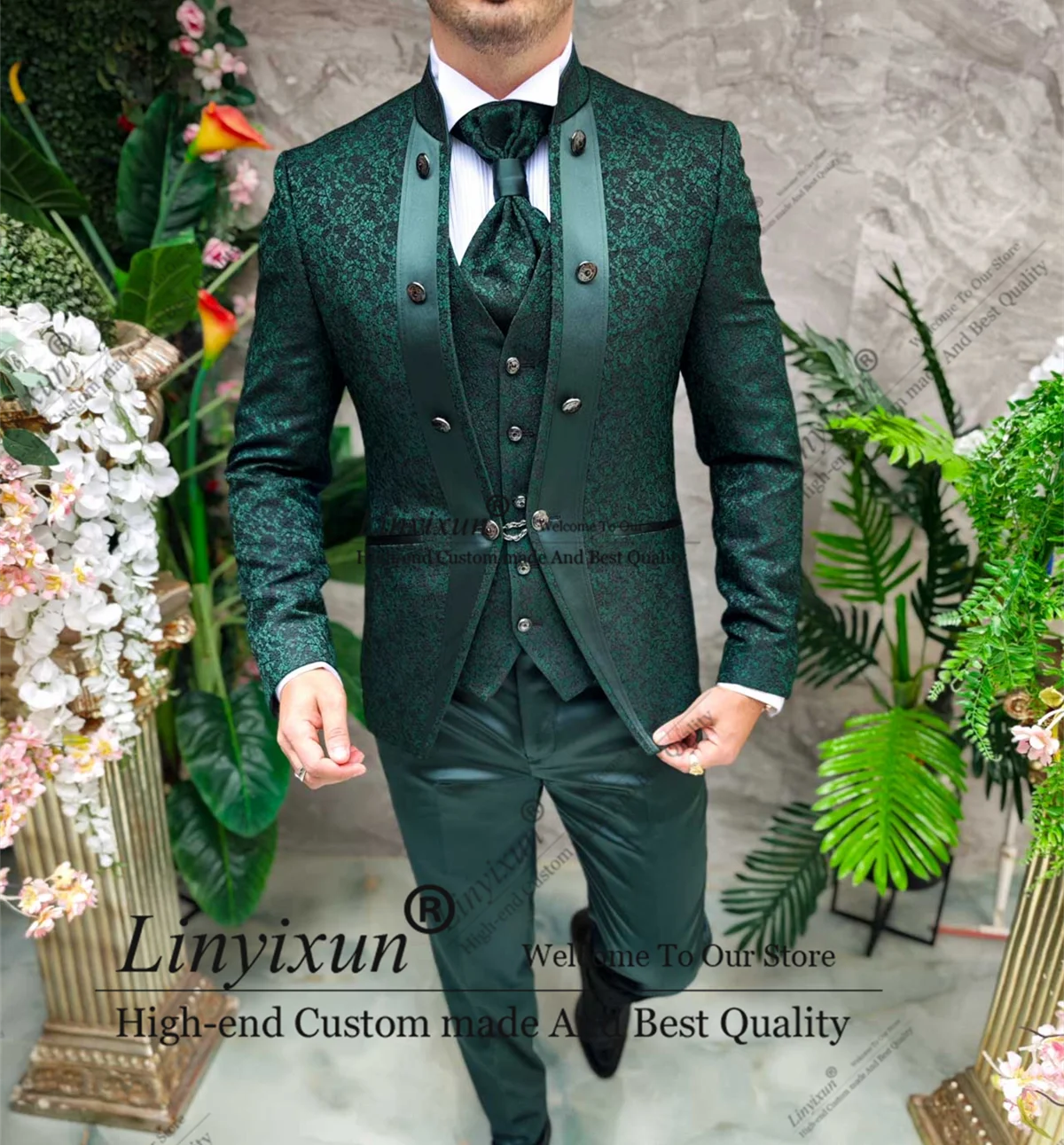 Italian Jacquard Style Mens Suit 3 Pieces Sets Groom Wedding Tuxedos Prom Blazers