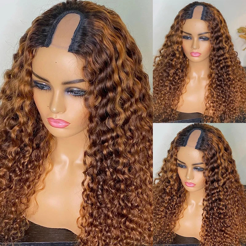 

Soft Highlight Honey Blonde Long 24inch Kinky Curly U Part Wig European Remy Human Hair Wig Jewish Glueless Wig For Women