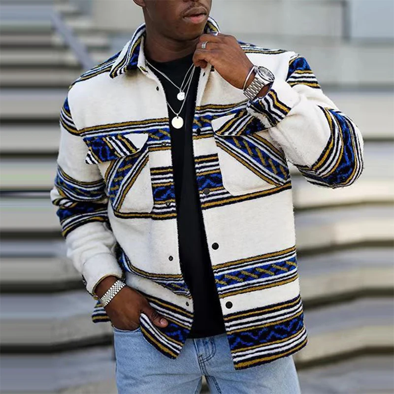 

Vintage Geometric Striped Mens Jackets 2023 Spring Fashion Loose Lapel Coats Outerwear Winter Long Sleeve Button-down Men Jacket