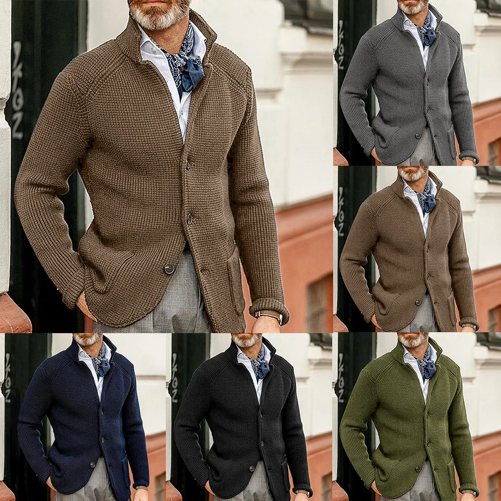 

Fashion Men Solid Knitted Sweater Cardigan Stand Collar Slim Single-Breasted Coat Knitwear Casual Loose Business Blazer Jacket