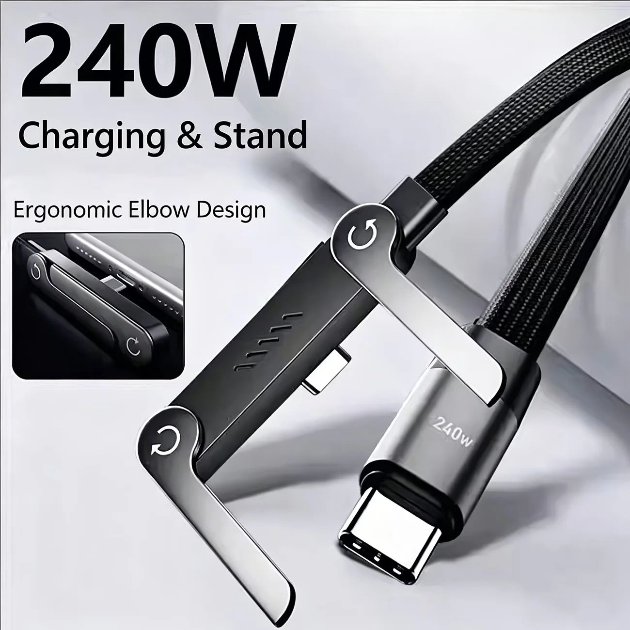 240W Fast Charging type-C to type-C Cable with Foldable Stand,Type-C Connectors, High-Speed Data Sync & Charging for Mobile 5