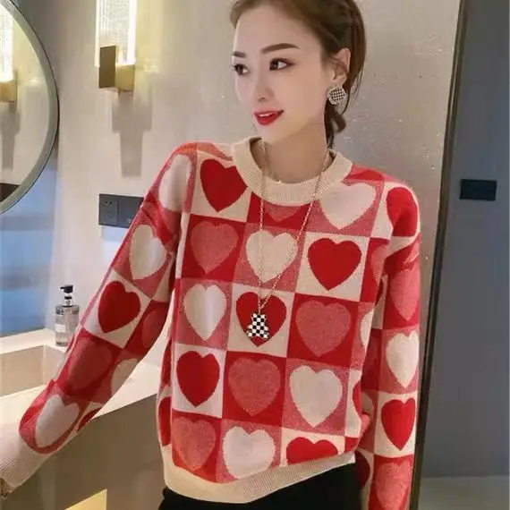 Color matching love top 2022 spring and autumn new simple Korean version round neck pullover all-match thin knitted sweater red cardigan Sweaters