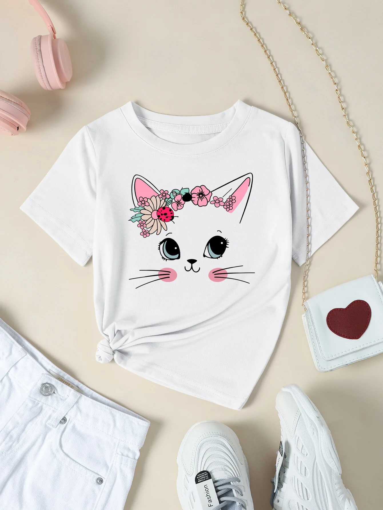 Cartoon Cartoon CAT Printed Boys and Girls Wear Round Neck Short Sleeve New Baby Summer Diy Fashion Children's T-shirt