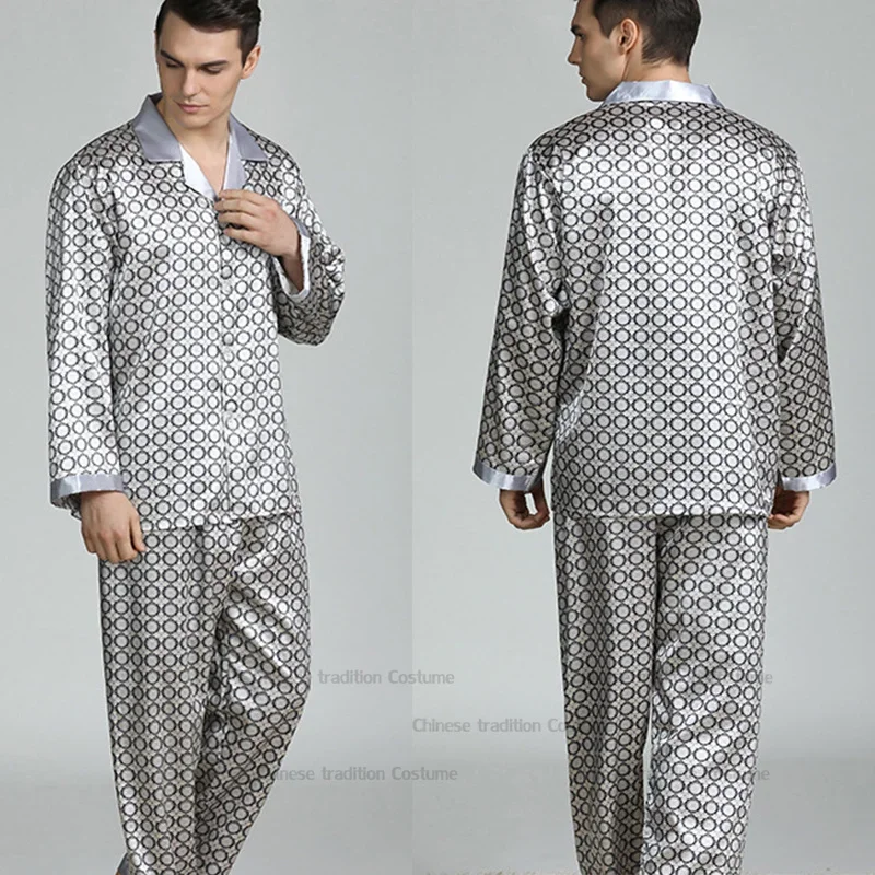 Men's Red Dragon Print Pajamas Set Loose Kimono Top Pant Shorts Silk Satin Nightwear