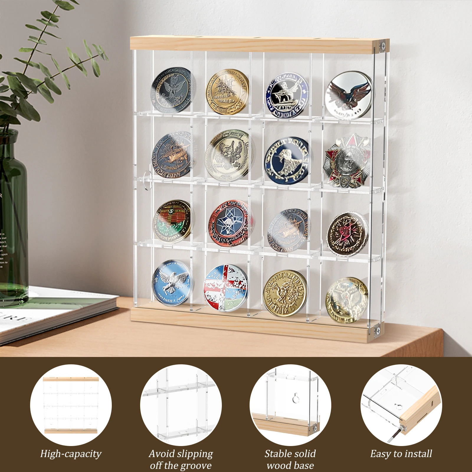 16/24 Grids Acrylic Coin Holder Clear Challenge Coin Display Box Military Medals Badges Display Case Versatile Home Decoration