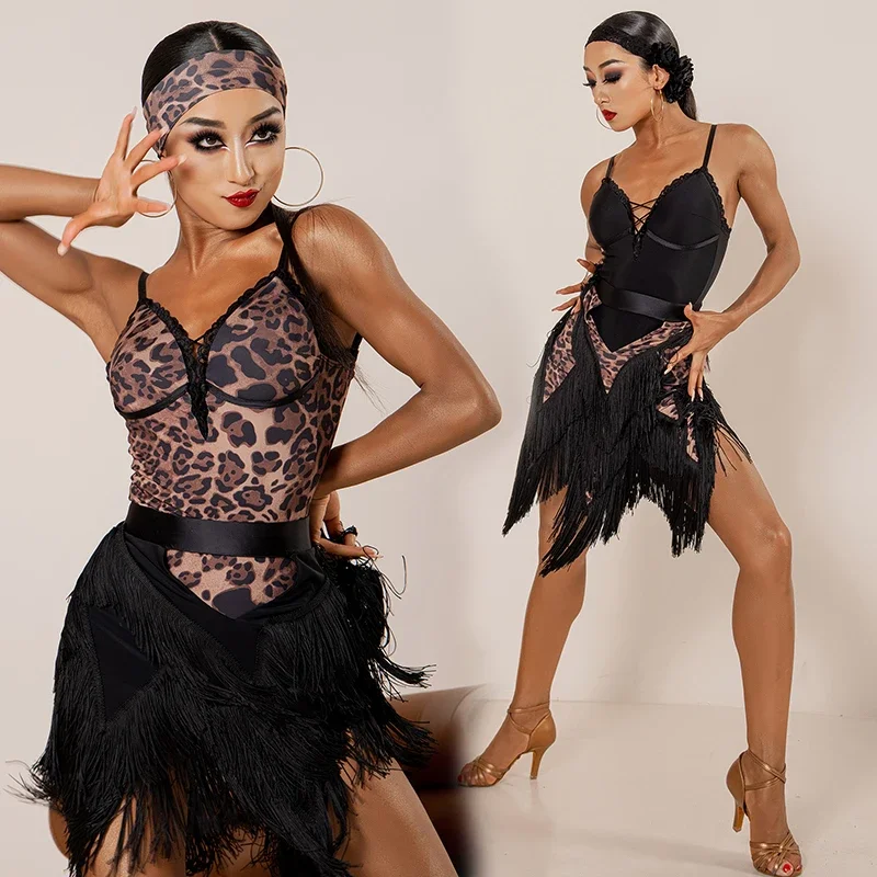 

Latin Dance Dress Women Leopard Tops Skirt Fringe Dance Clothes Adult Cha Cha Rumba Samba Dance Performance Practice Wear