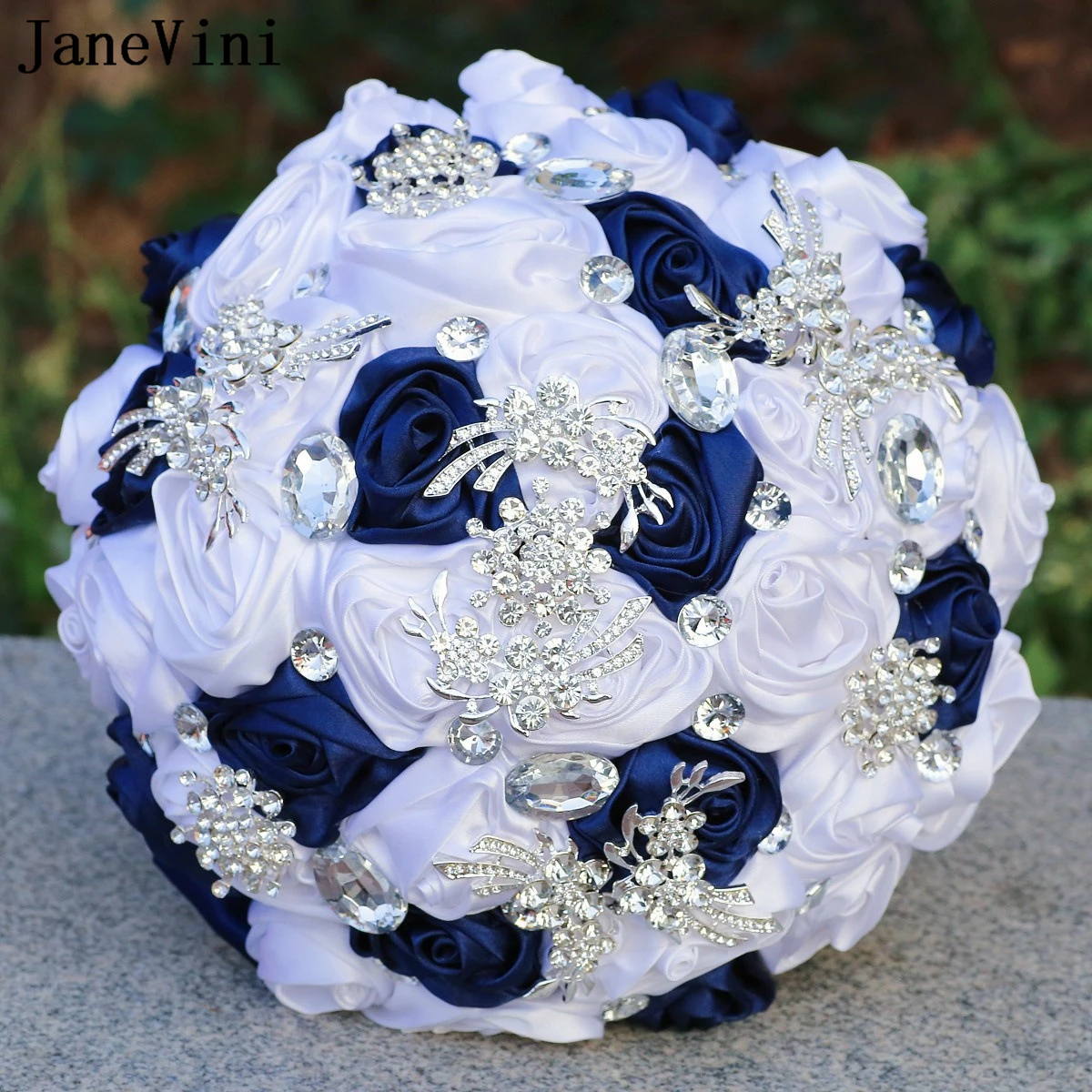 

JaneVini Elegant Navy Blue White Wedding Flowers Bridal Bouquets with Crystals Rhinestones Luxury Satin Rose Wedding Bouquet New