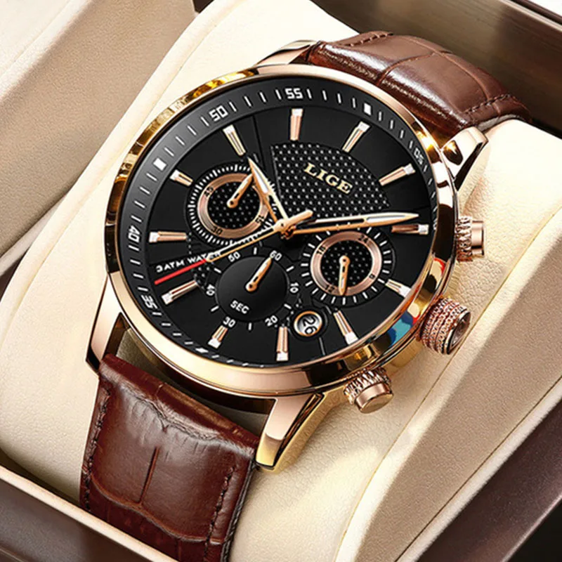 LIGE Waterproof Watches For Men Fashion Sport Quartz Chronograph Men Watch Top Brand Luxury Brown Leather Military Watch Men