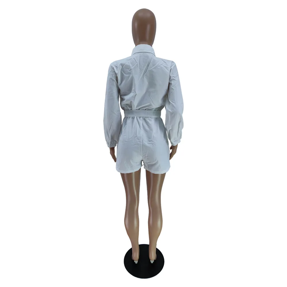 BKLD Fashion Romper For Women One Pieces White Long Sleeve Lace-Up Buttons Pockets Casual Solid Color Playsuits Short Jumpsuits