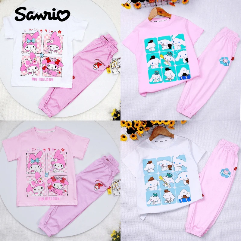 

Sanrios My Melody Cinnamoroll Anime Kawaii Girls T-Shirt Set Summer Cotton Short-Sleeved Kids Anti-Mosquito Pants Baby Clothse