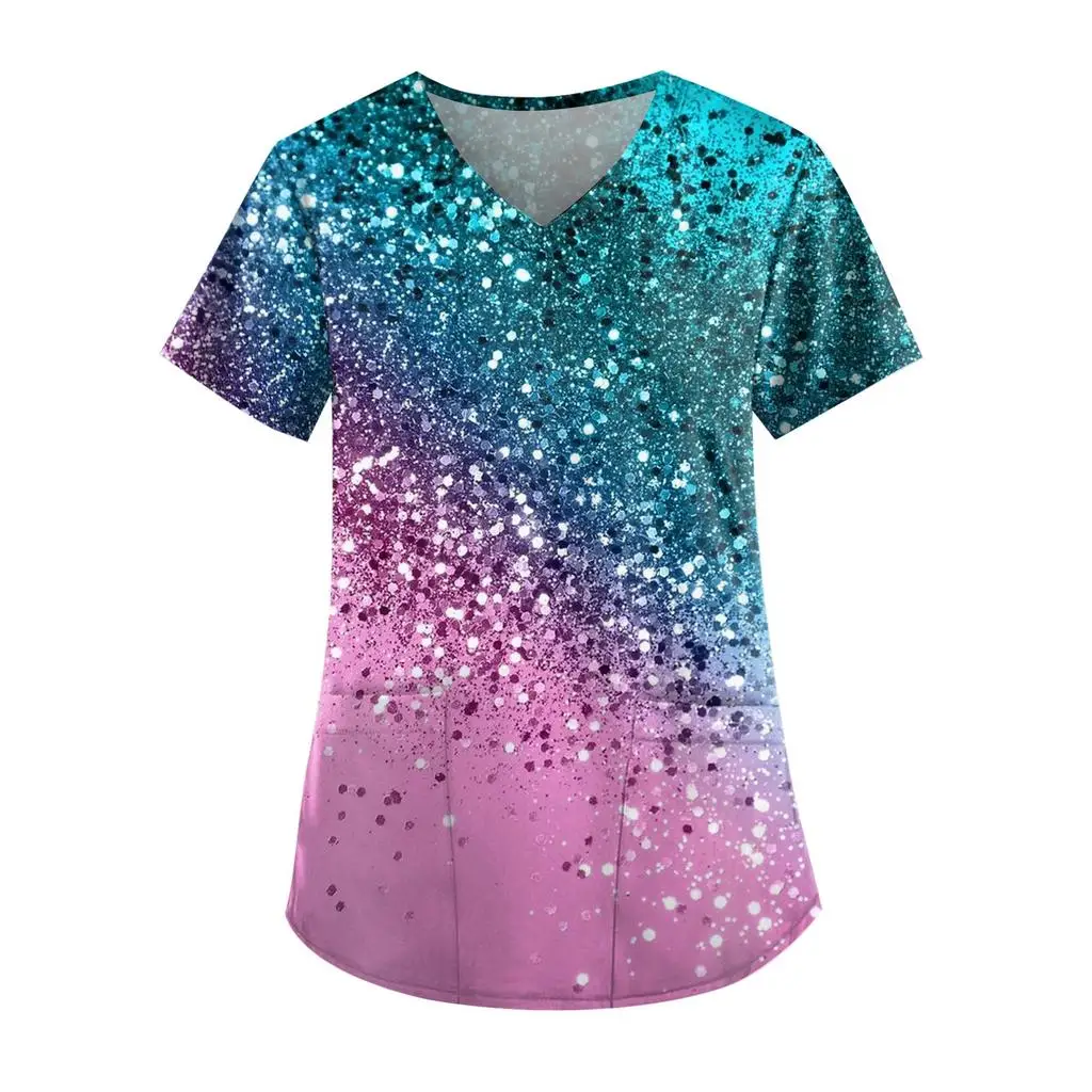 Lässige Krankens ch wester Uniform Print Frauen Kurzarm Tops V-Ausschnitt Bluse Hemd Tasche Schönheits pflege Peeling Uniformen Enfermera Mujer 2023 – Detail 5