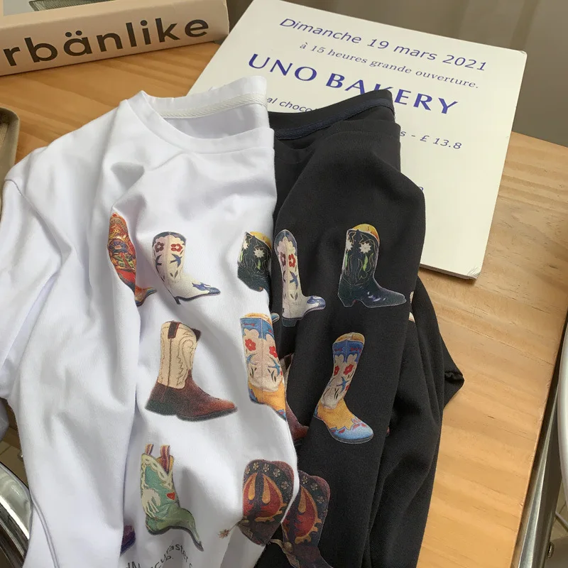 1pcs nine boots Western T-Shirt Women T Shirt Summer Loose Vintage Boho Texas T Shirt Cowgirl Cowboy Cute Graphic Tees945_voghion.com