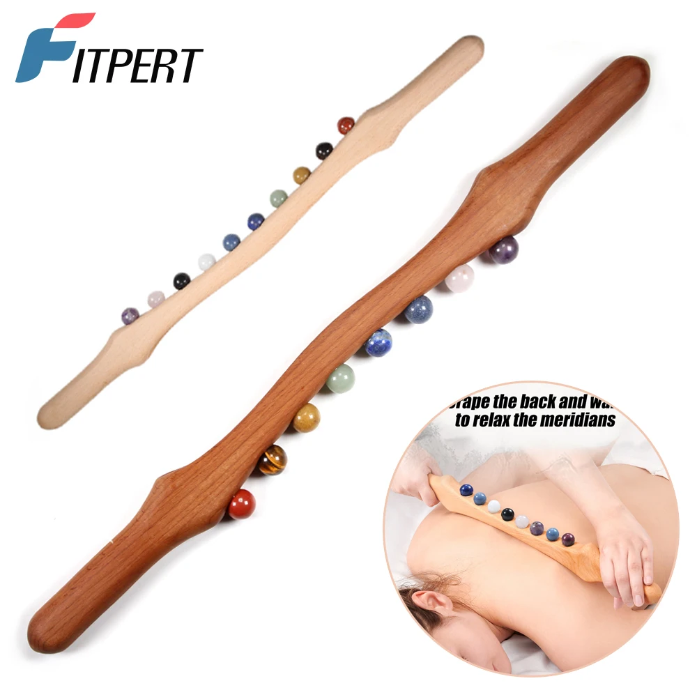 Wood Massage Stick 10 Jade Stone Beads Massage Roller Wooden Trigger Point Massage Tools for Muscle Release Back Neck Body Home wooden gua sha massage stick jade stone beads trigger point massager neck shouder waist back muscle scraping massage relaxation