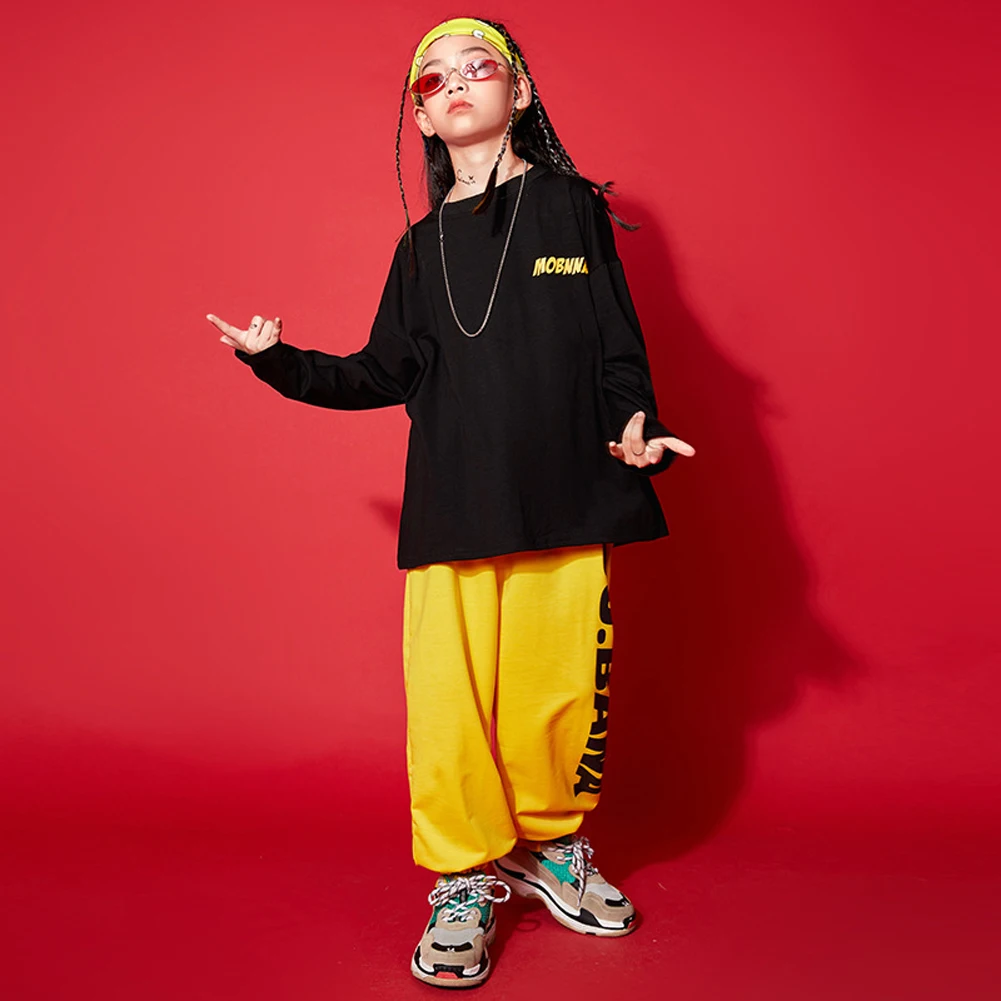 

New Cool Dance Costume For Kids Girl Black Long Sleeve Top Yellow Elastic Jogger Pants Hip Hop Outfit Casual Daily Students Wear