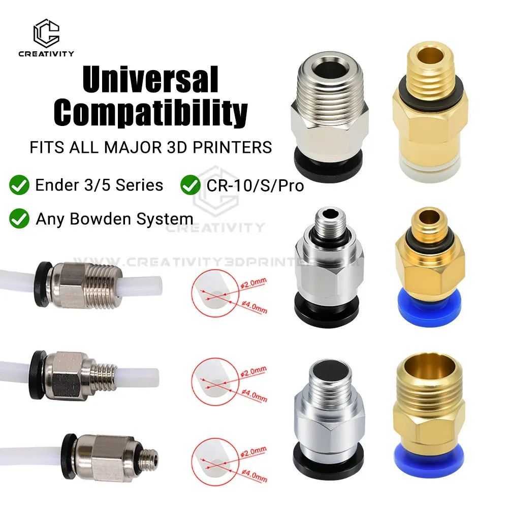 창의성 3D PC4-M6 PC4-M5 PC4-01 PC6-01 공압 직선 커넥터 부품 보어 4mm PTFE 튜브 필라멘트 M6 피드 피팅 커플러