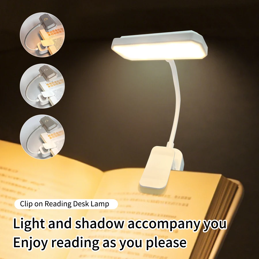 Rechargeable 3 Color Dimmable Clip Book Light Flexible Eye Care Mini LED Lamp Portable Bedside Desk Reading Study Night Light