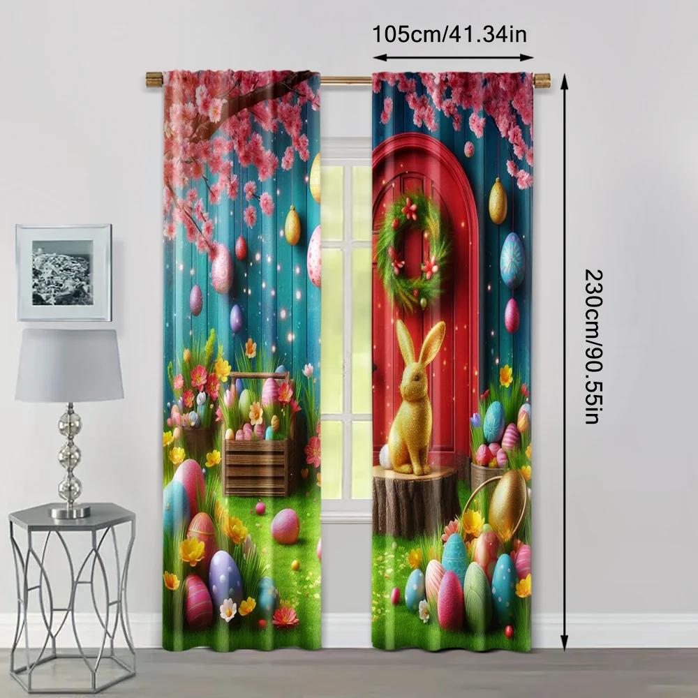 2pc,  Curtain Spring Bunny Flowers Easter Eggs Versatile 100% Polyester,Without Electricity Family Party Decoration for Parties 4