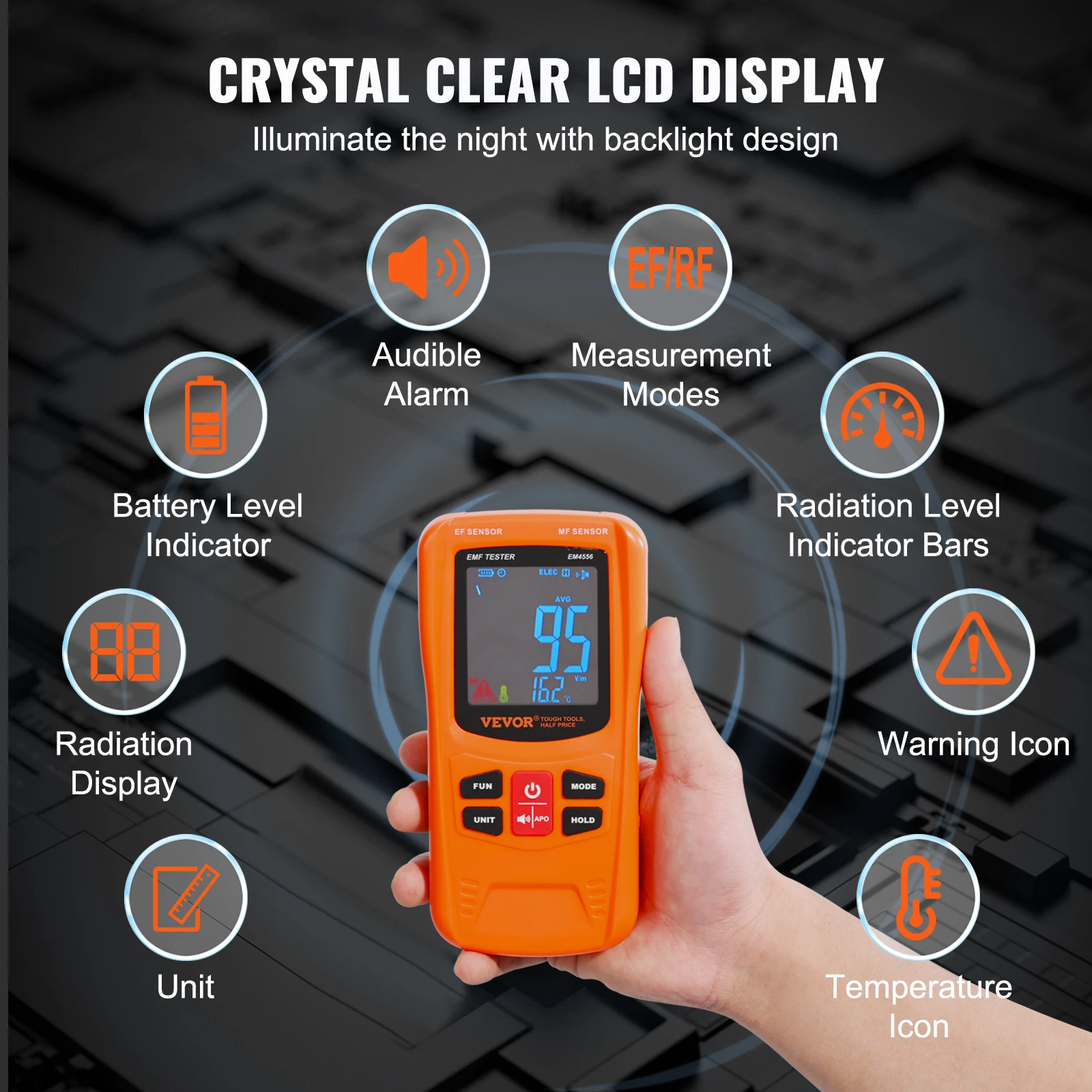 VEVOR 3-in-1 EMF Meter 5Hz-6GHz Handheld Rechargeable Electromagnetic Field Radiation Detector Digital LCD EMF Tester, Discount 5