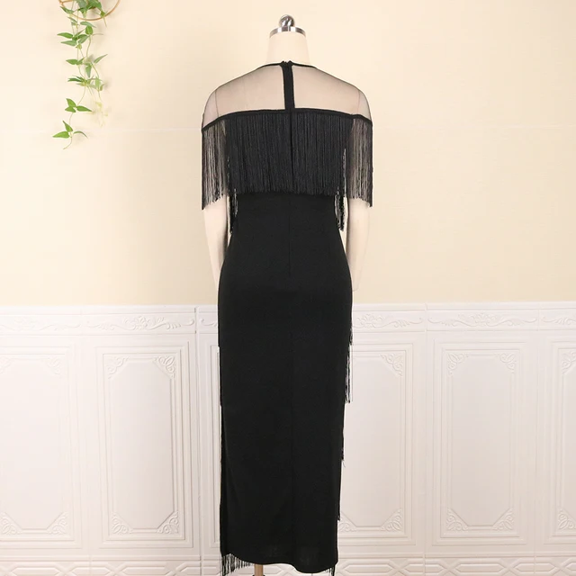 Black Dresses Women Sexy Bodycon Short Sleeve Tassel Ankle Length Elegant Evening Party Occasion Event Robe XXL 2022 Summer New 4