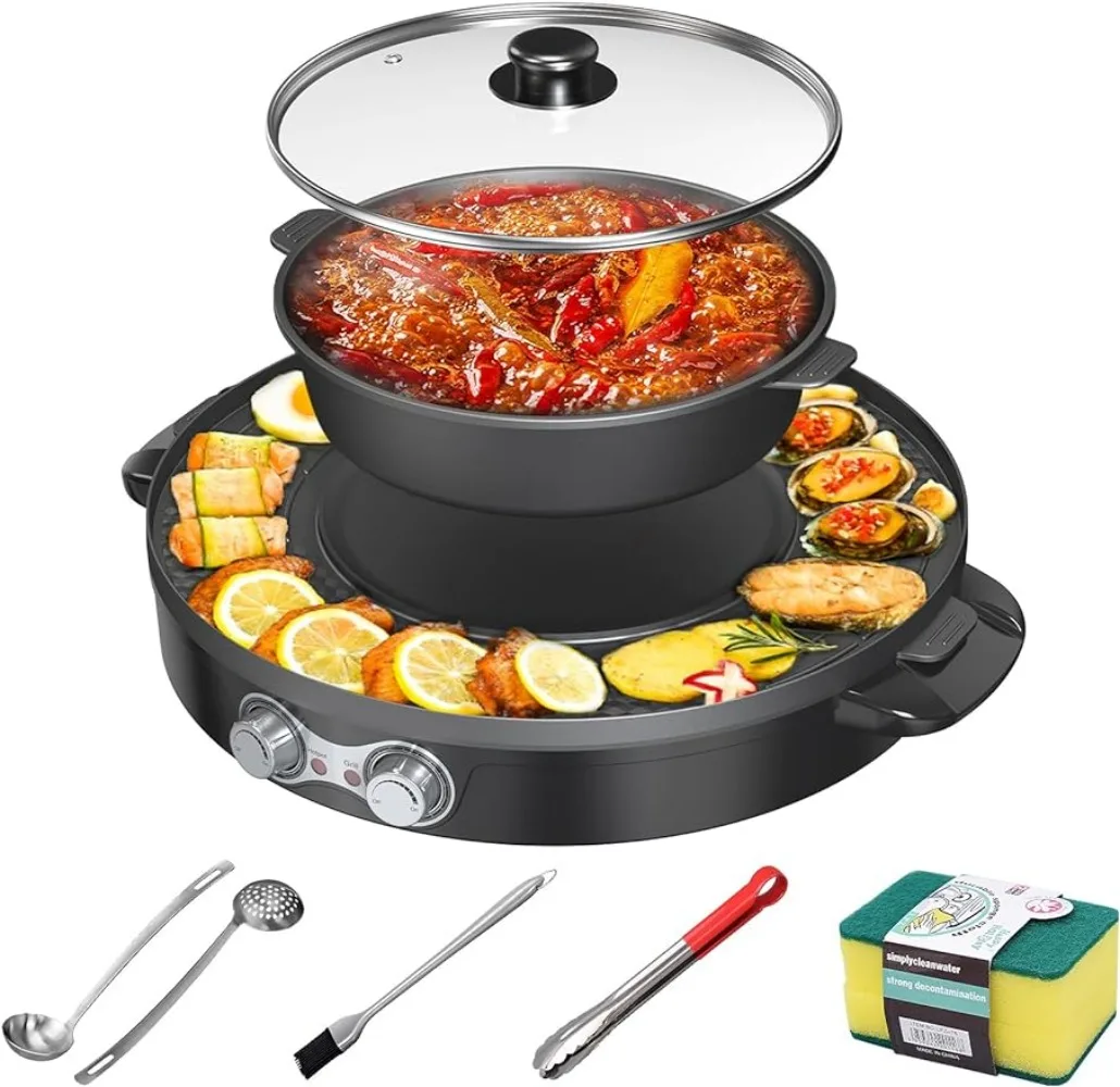 

2 in 1 Electric Grill Pan and Hot Pot ,2200W Dual Temperature Control Korean Shabu Shabu,Non Stick Coating